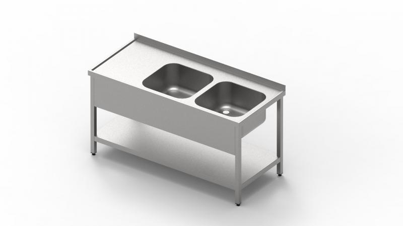 1200x700 | Stainless sink with 2 pools, drip basin and shelf