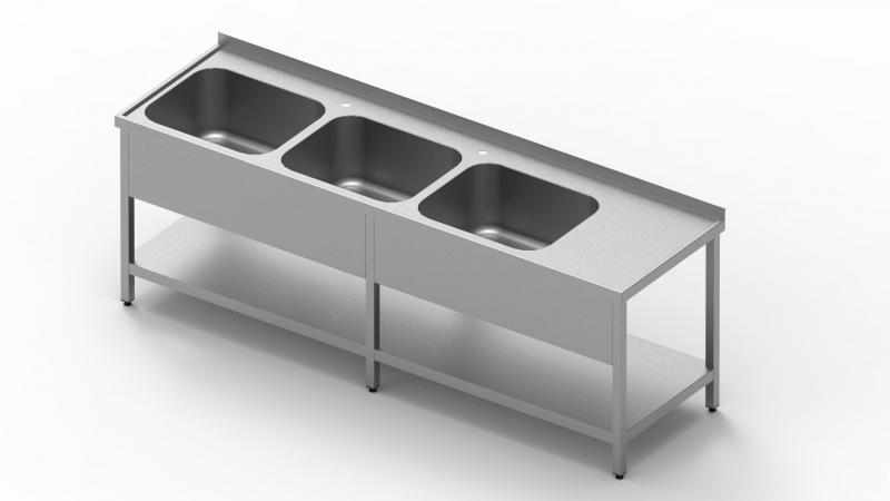 1600x600 | Stainless sink with 3 pools, drip basin and shelf