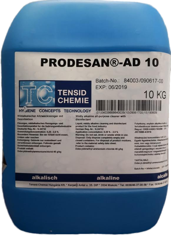 PRODESAN-AD 10 | Alkalikus fertőtlenítő hatású tisztítószer élelmiszeripari felhasználásra