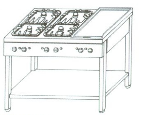 KGO-637 M | Gas cooking table with 6 burners, 2 grids and 1 heating sheet
