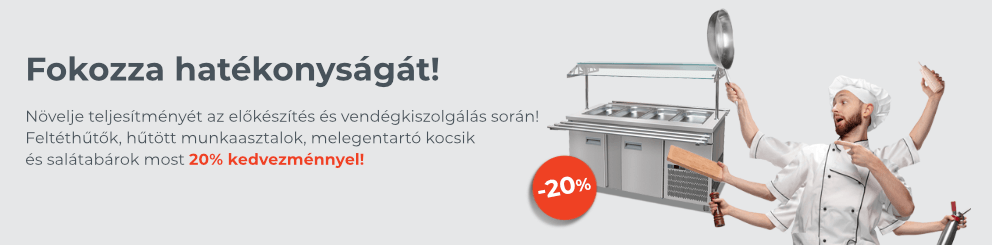 Feltéthűtők, hűtött munkaasztalok, salátabárok és melegentartó kocsik most 20% kedvezménnyel! 